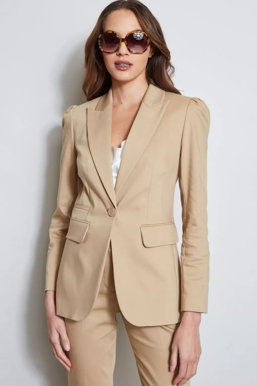 Best Sale Elie Tahari Pleat Shoulder Cotton Blazer SANDCASTLE