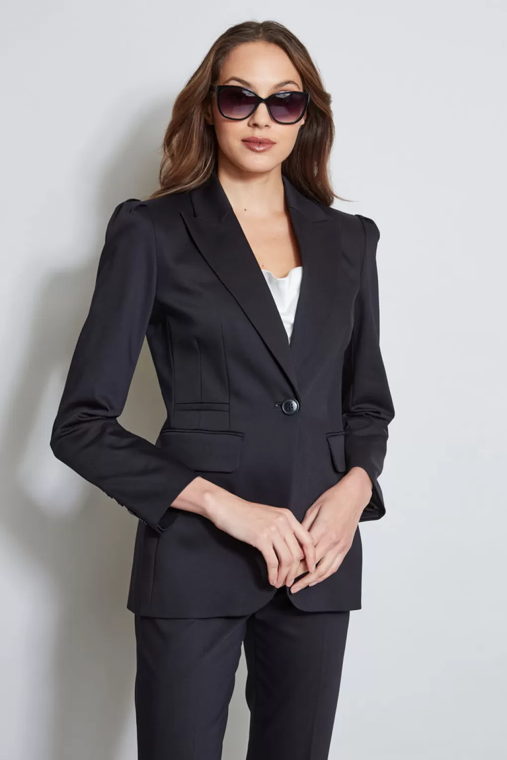 Sale Elie Tahari Pleat Shoulder Cotton Blazer BLACK