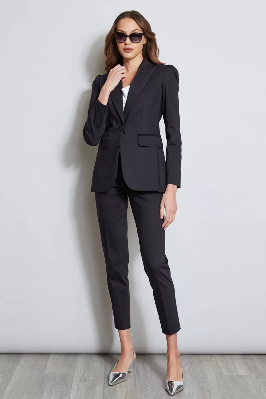 Sale Elie Tahari Pleat Shoulder Cotton Blazer BLACK