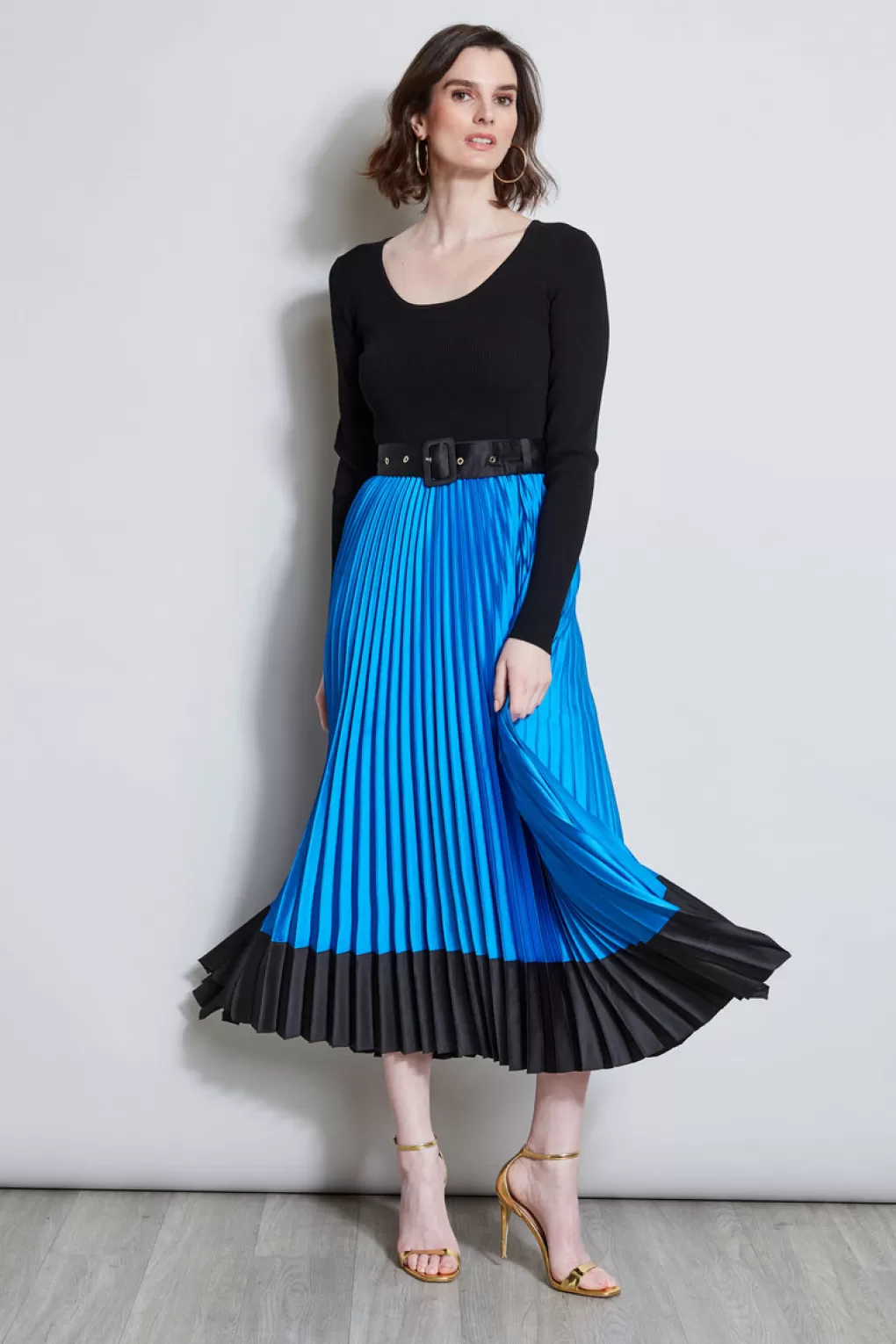 Sale Elie Tahari Pleated Belted Dress BLUE IVY/NOIR