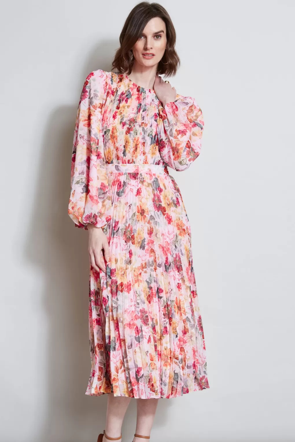 Store Elie Tahari Pleated Floral Midi Dress WONDERLAND PRINT