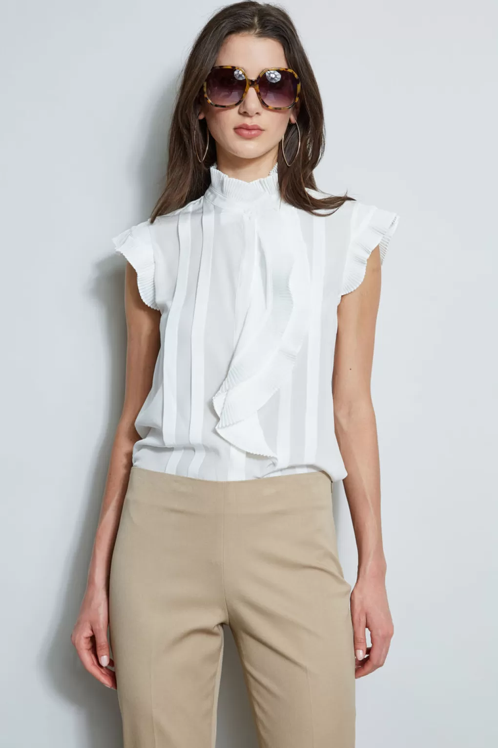 Cheap Elie Tahari Pleated Flutter Silk Shirt Sky White