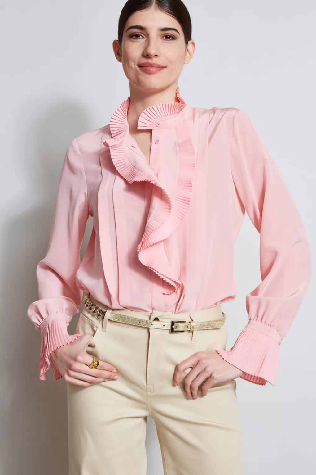 Outlet Elie Tahari Pleated Silk Shirt TAILOR PINK