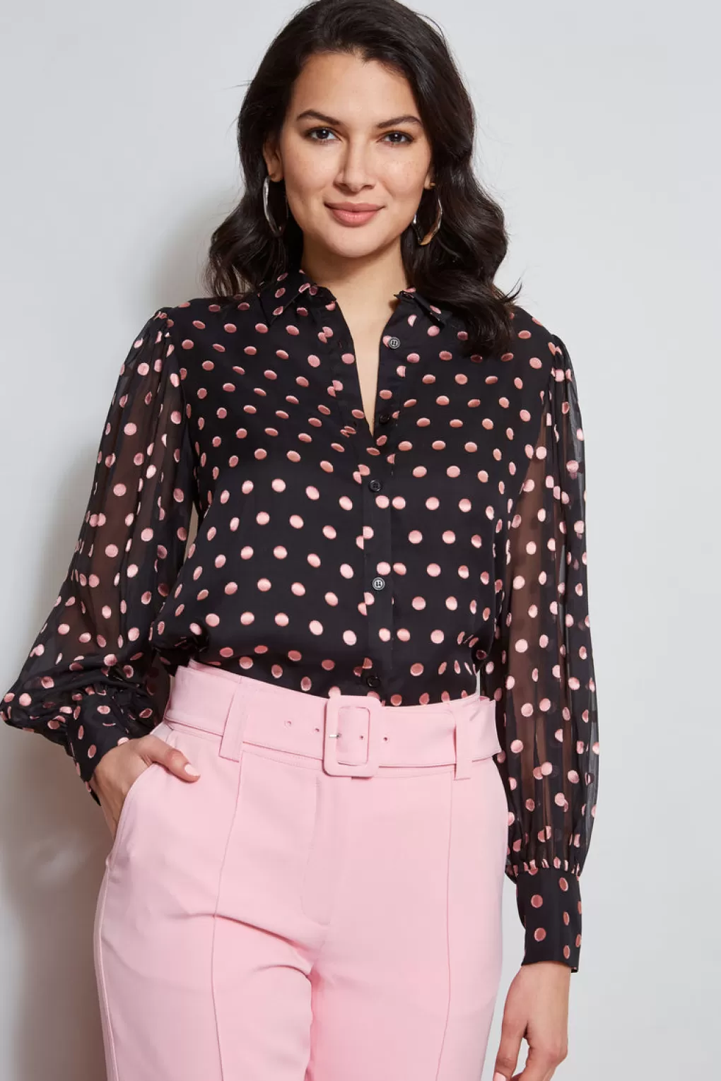 Shop Elie Tahari Polka Dot Shirt TAILOR PINK POLKA DOT