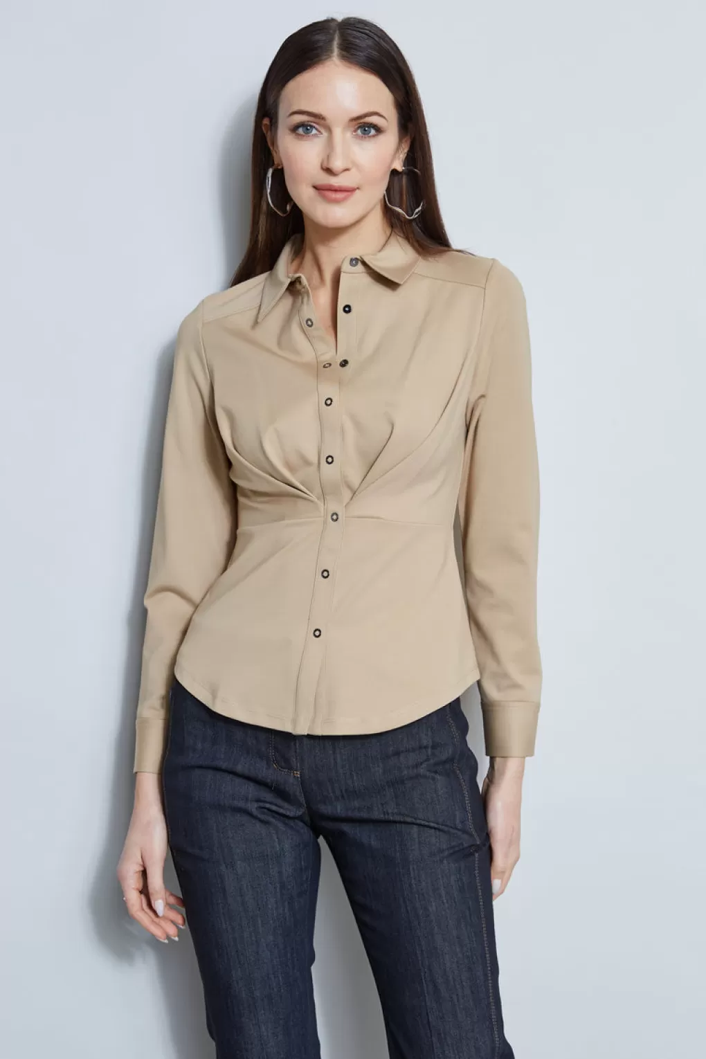 Sale Elie Tahari Ponte Pleated Button Down Shirt SANDCASTLE