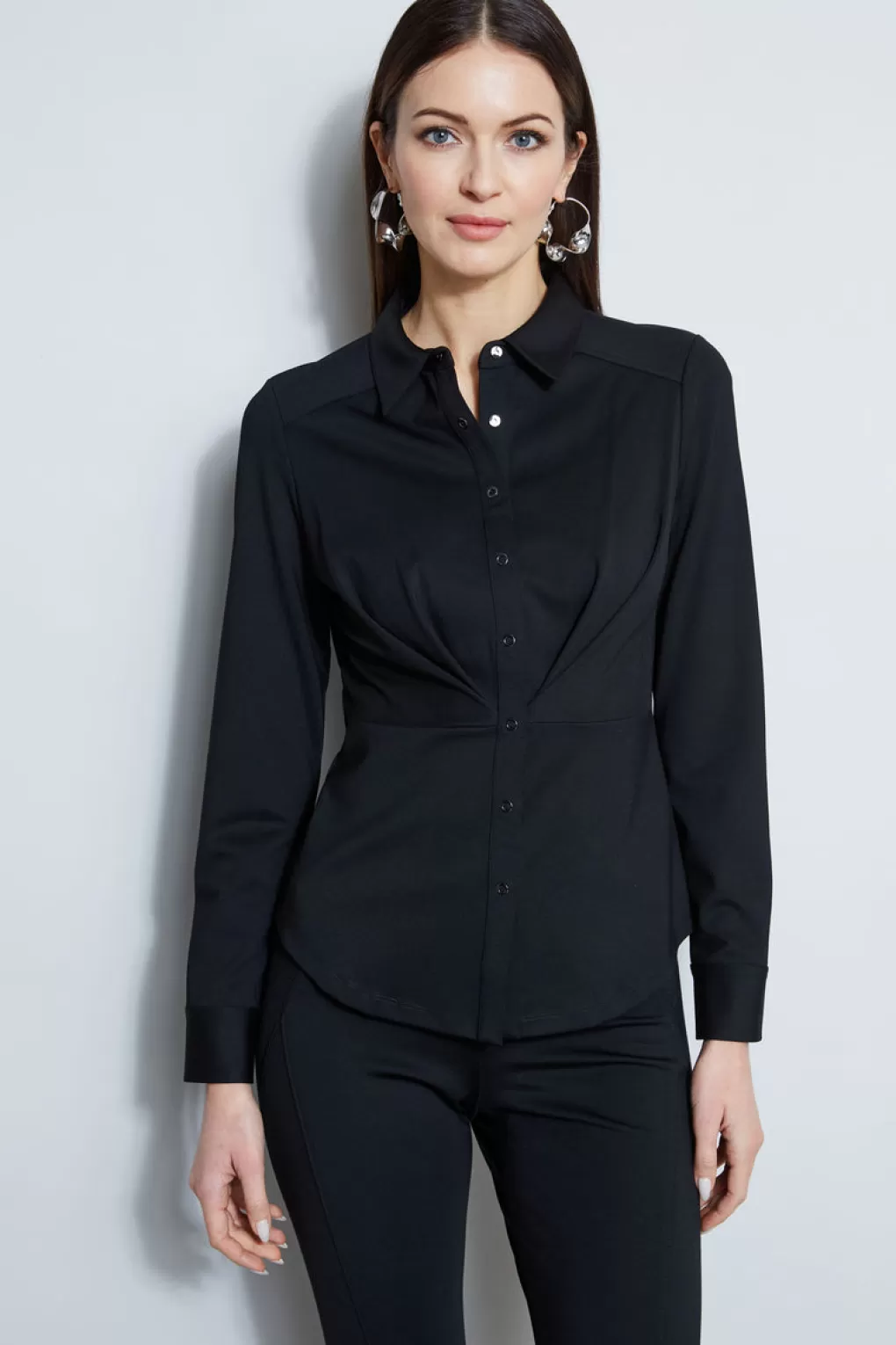 Sale Elie Tahari Ponte Pleated Button Down Shirt BLACK