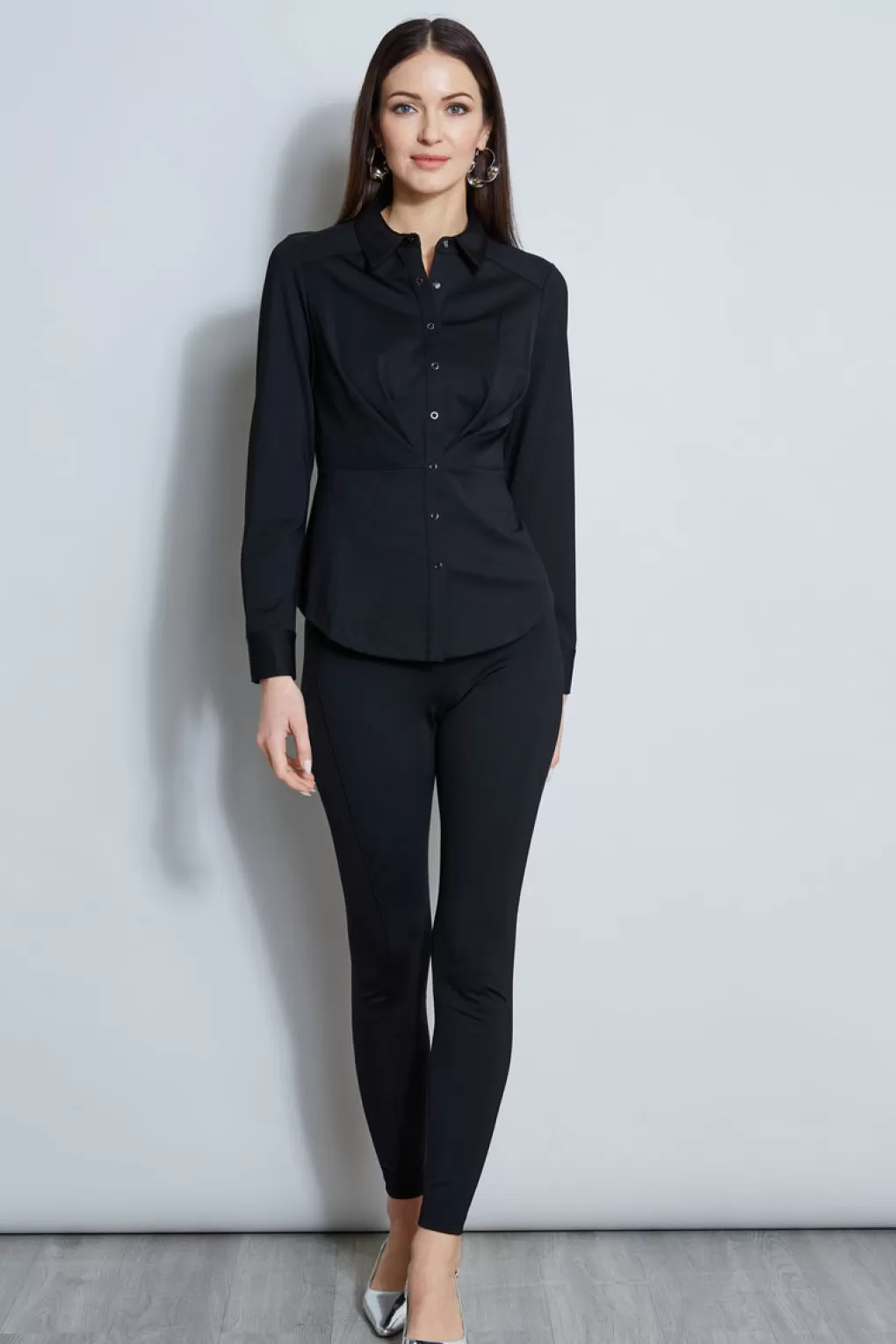 Sale Elie Tahari Ponte Pleated Button Down Shirt BLACK