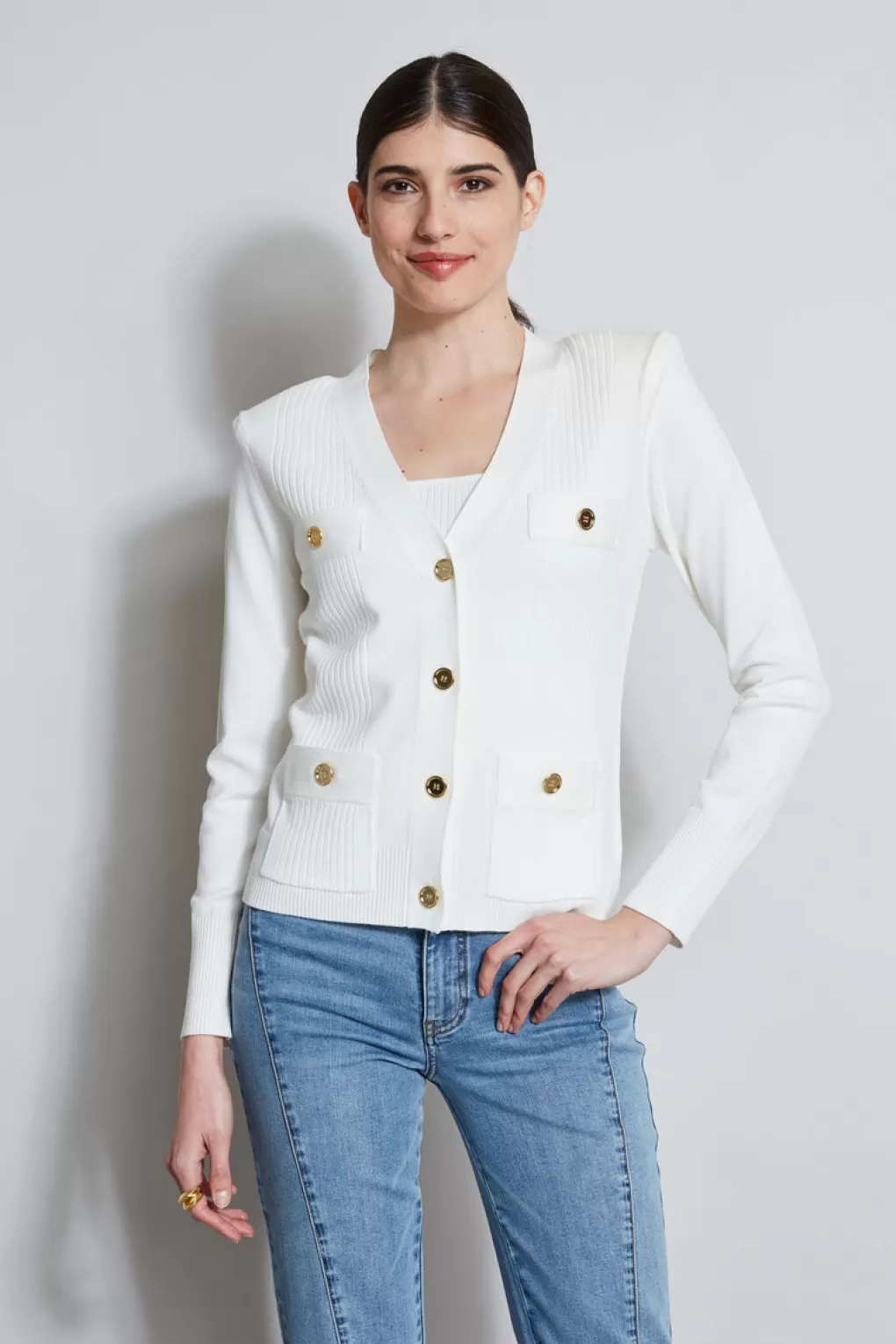 Fashion Elie Tahari Rib Button Sweater FOAM