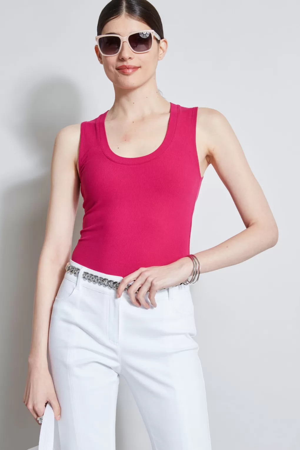 Sale Elie Tahari Rib Knit Scoop Tank Top DAHLIA PINK