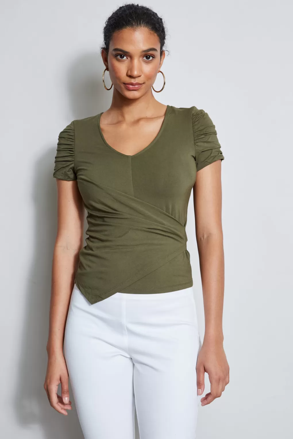 Store Elie Tahari Ruched Sleeve V-Neck Knit WILLOW GREEN