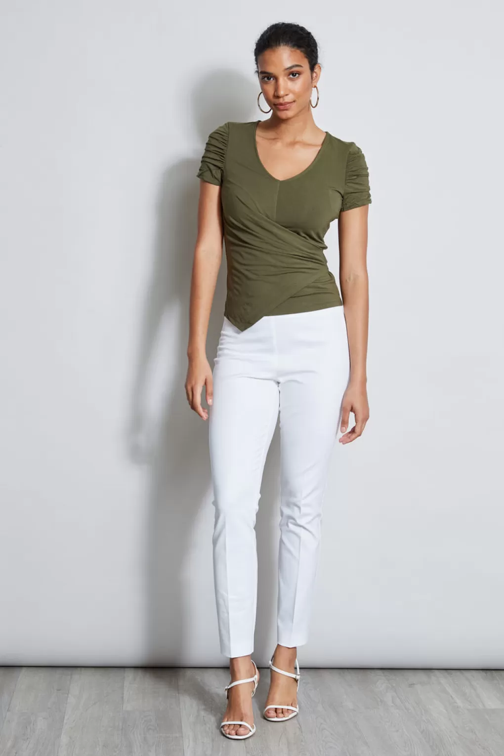 Store Elie Tahari Ruched Sleeve V-Neck Knit WILLOW GREEN