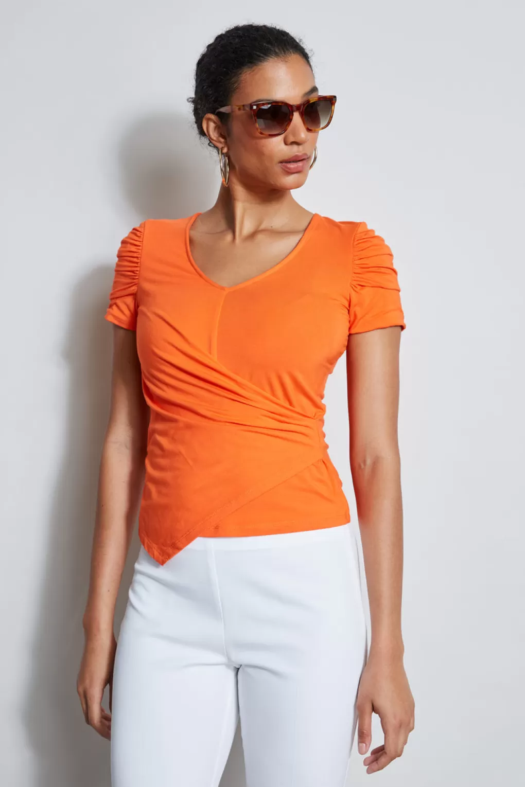 Outlet Elie Tahari Ruched Sleeve V-Neck Knit APRICOT