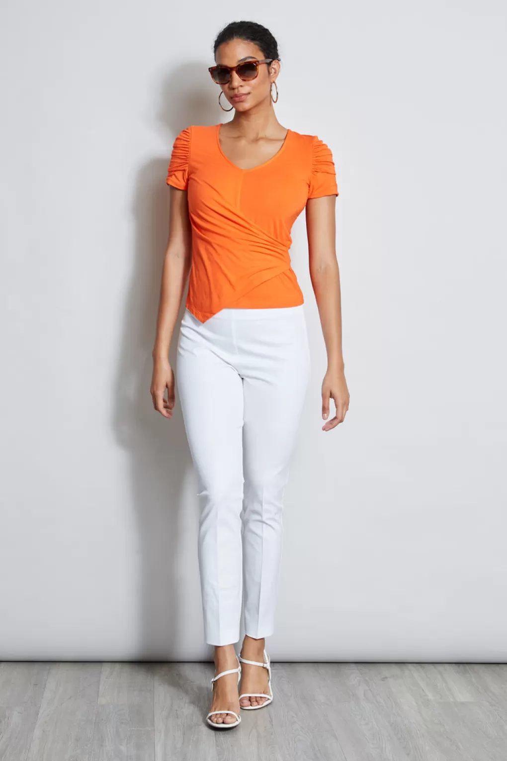 Outlet Elie Tahari Ruched Sleeve V-Neck Knit APRICOT