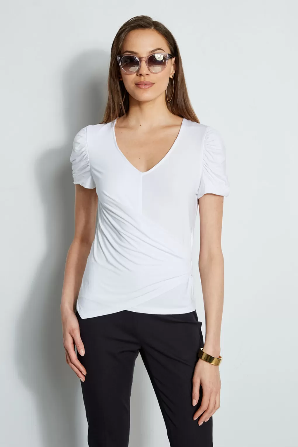 Outlet Elie Tahari Ruched Sleeve V-Neck Knit WHITE