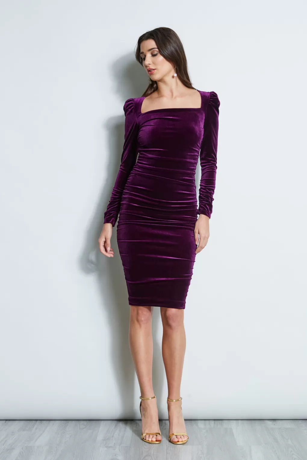 New Elie Tahari Ruched Velvet Square Neck Dress PLUM