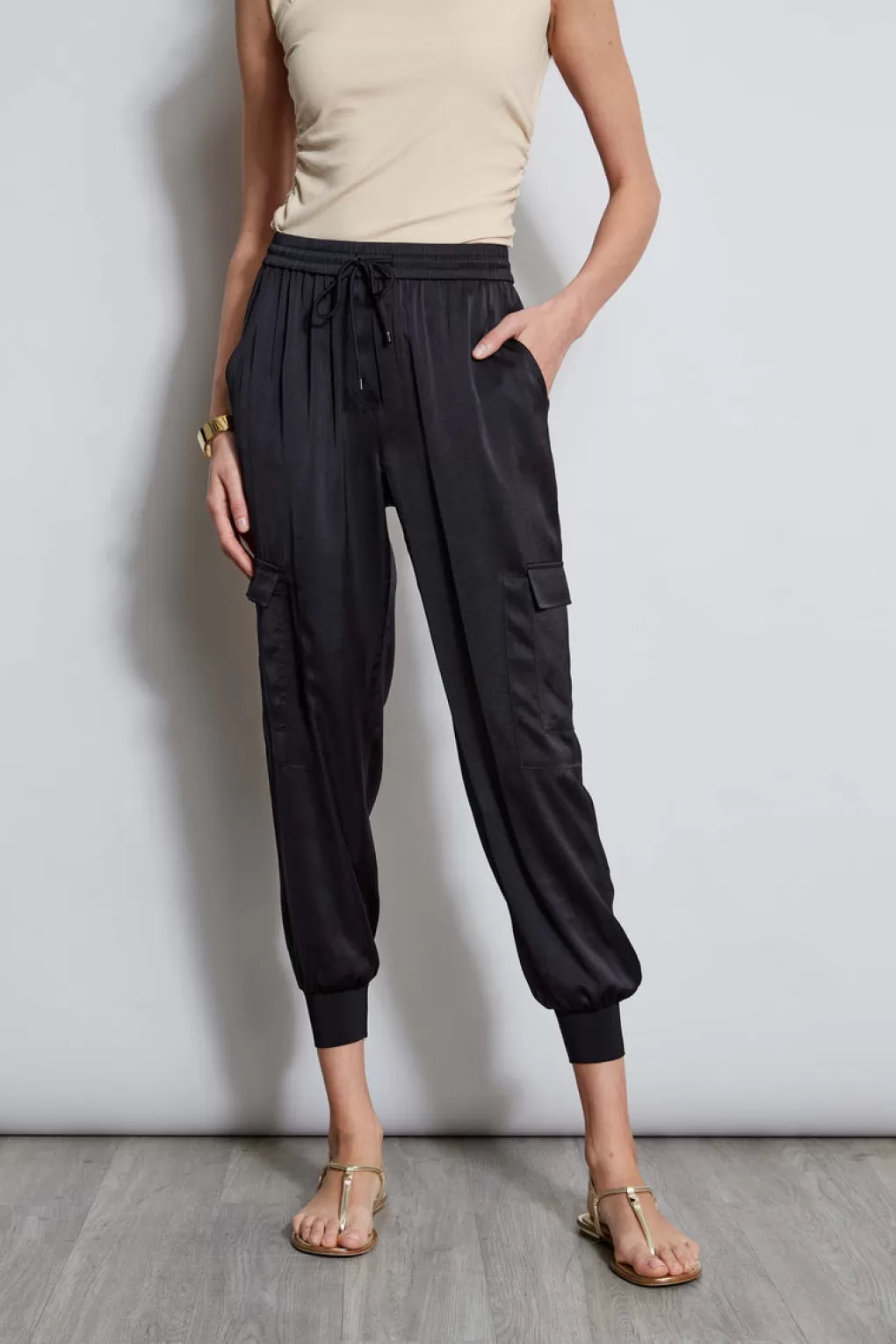 Clearance Elie Tahari Satin Cargo Pant BLACK