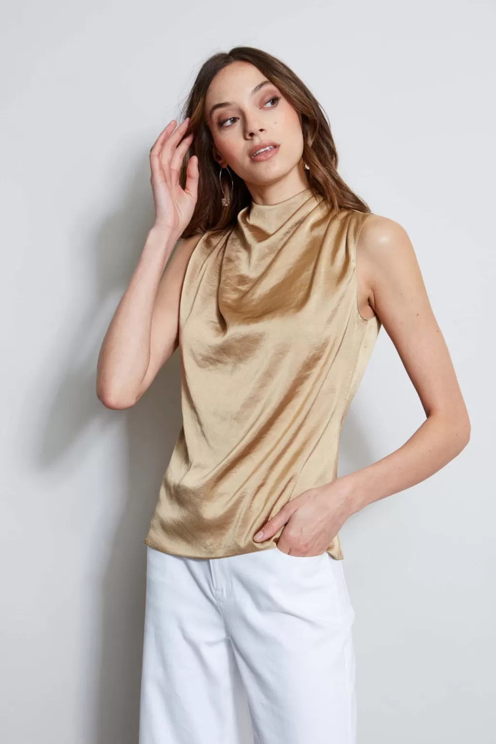 Discount Elie Tahari Satin Draped Neck Top SANDCASTLE