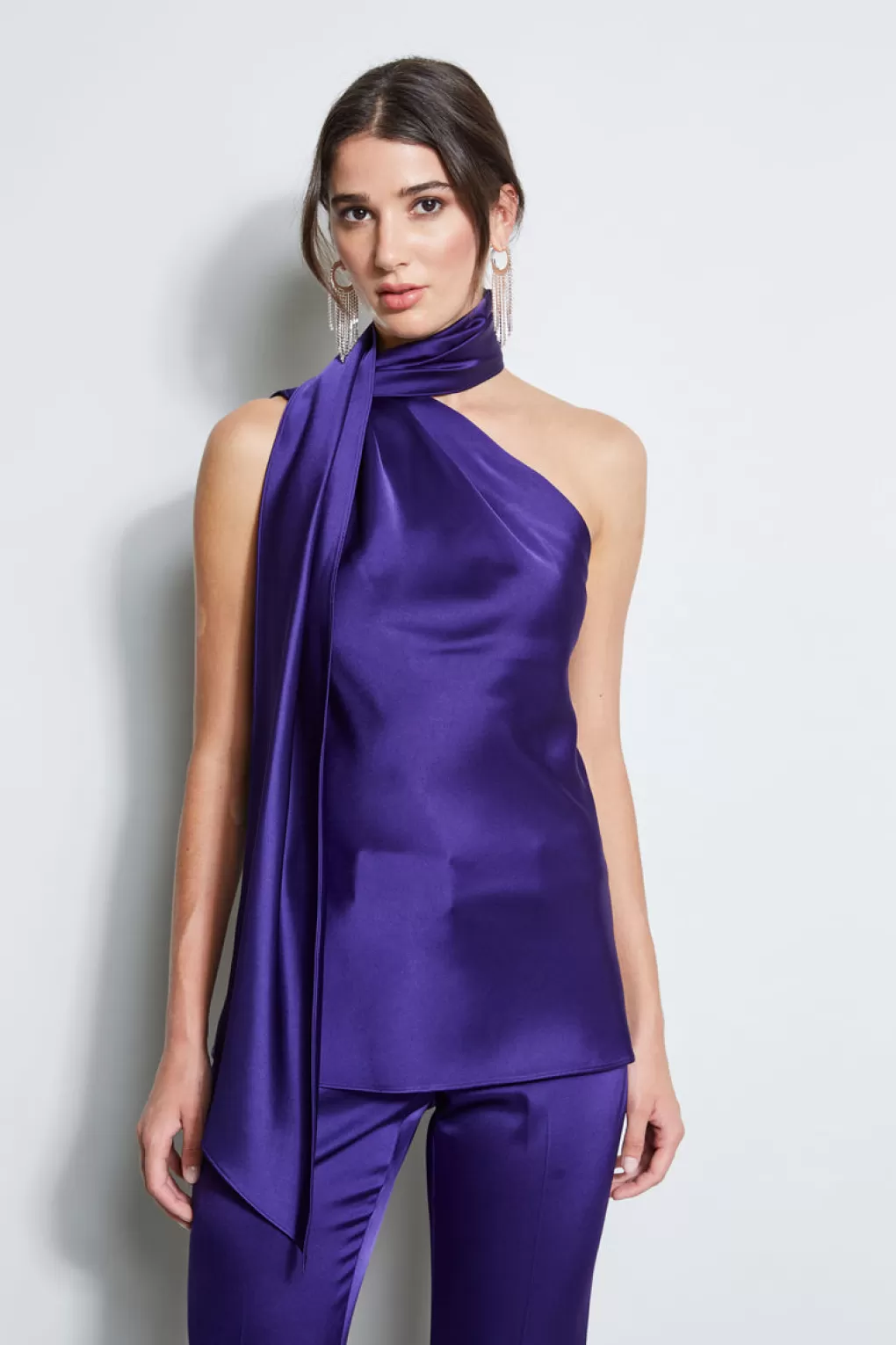 Discount Elie Tahari Satin One Shoulder Scarf Top WINTER PLUM