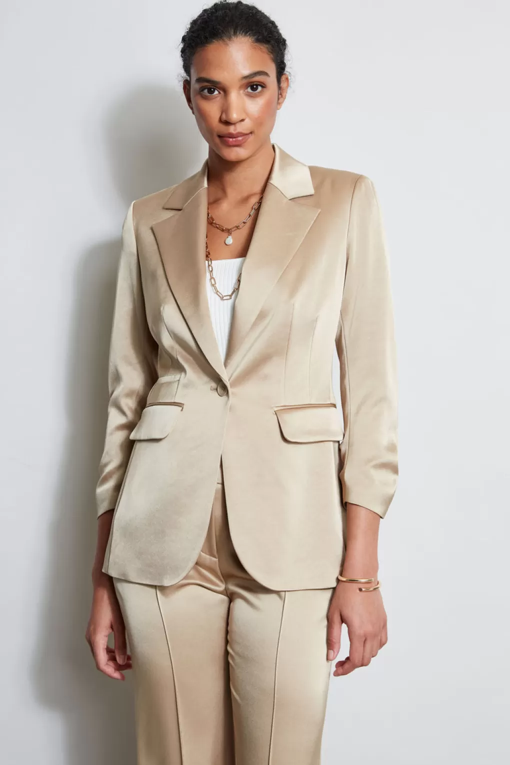 Online Elie Tahari Satin Ruched Sleeve Blazer SANDCASTLE