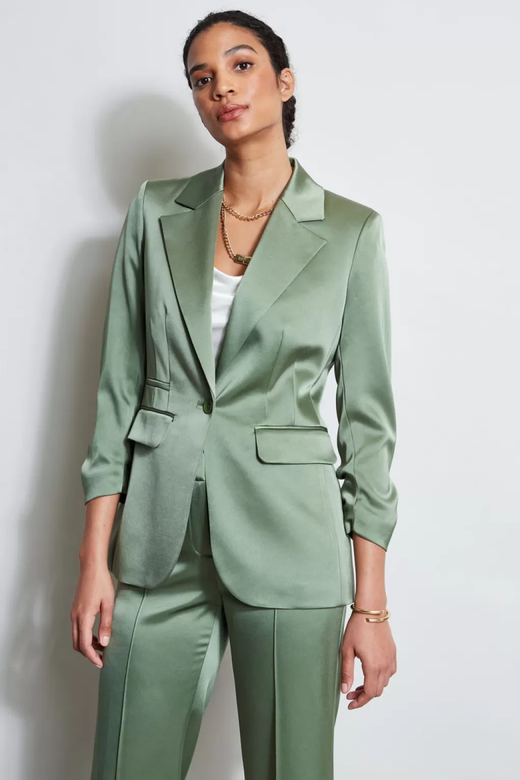 Store Elie Tahari Satin Ruched Sleeve Blazer TUSCAN OLIVE