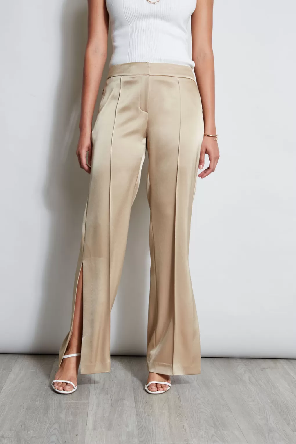 Shop Elie Tahari Satin Side Slit Pant SANDCASTLE