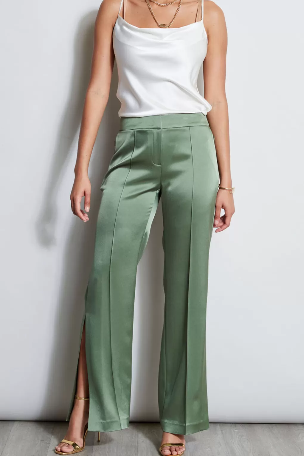 Best Sale Elie Tahari Satin Side Slit Pant TUSCAN OLIVE