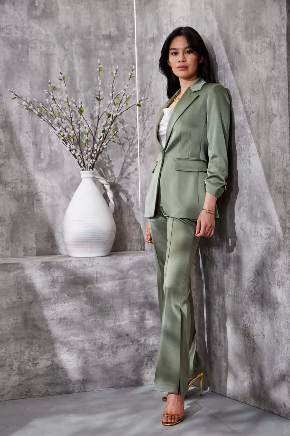 Best Sale Elie Tahari Satin Side Slit Pant TUSCAN OLIVE