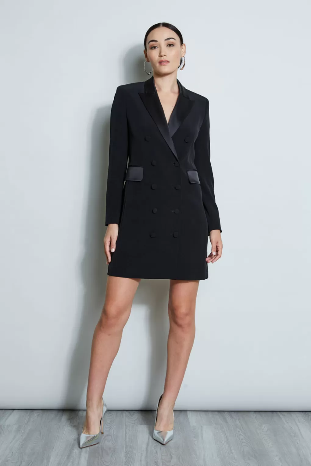 Store Elie Tahari Satin Tuxedo Coat Dress BLACK