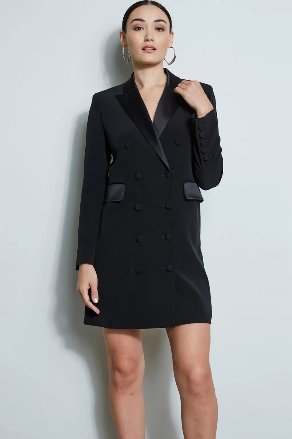 Store Elie Tahari Satin Tuxedo Coat Dress BLACK