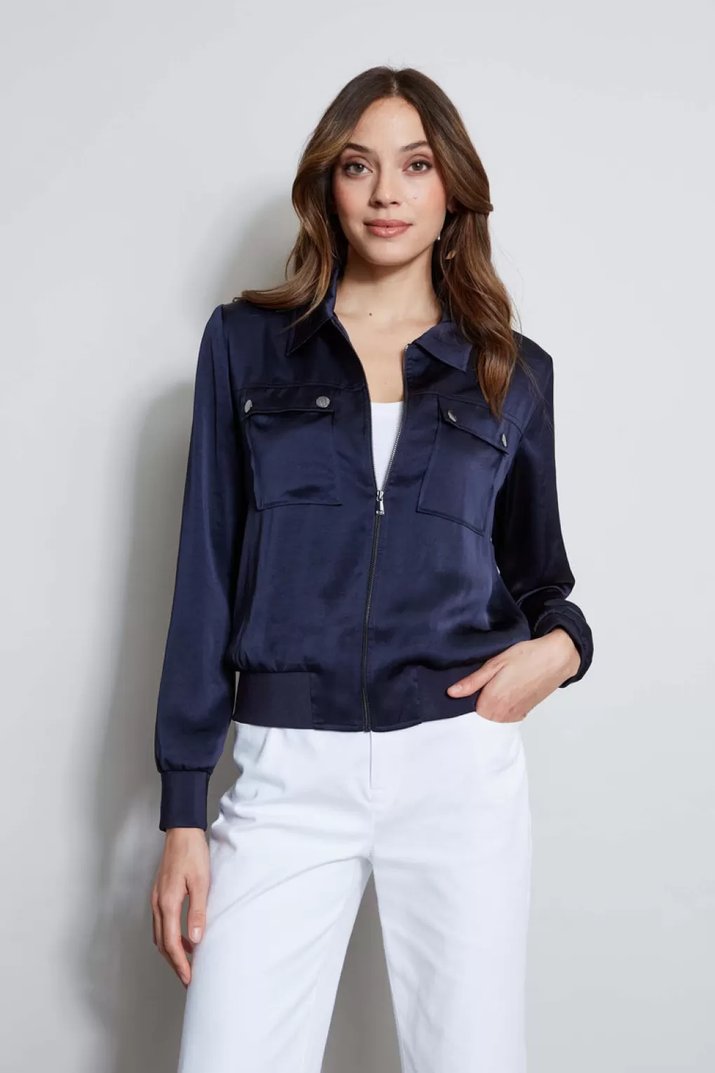 Discount Elie Tahari Satin Utility Pocket Jacket STARGAZER