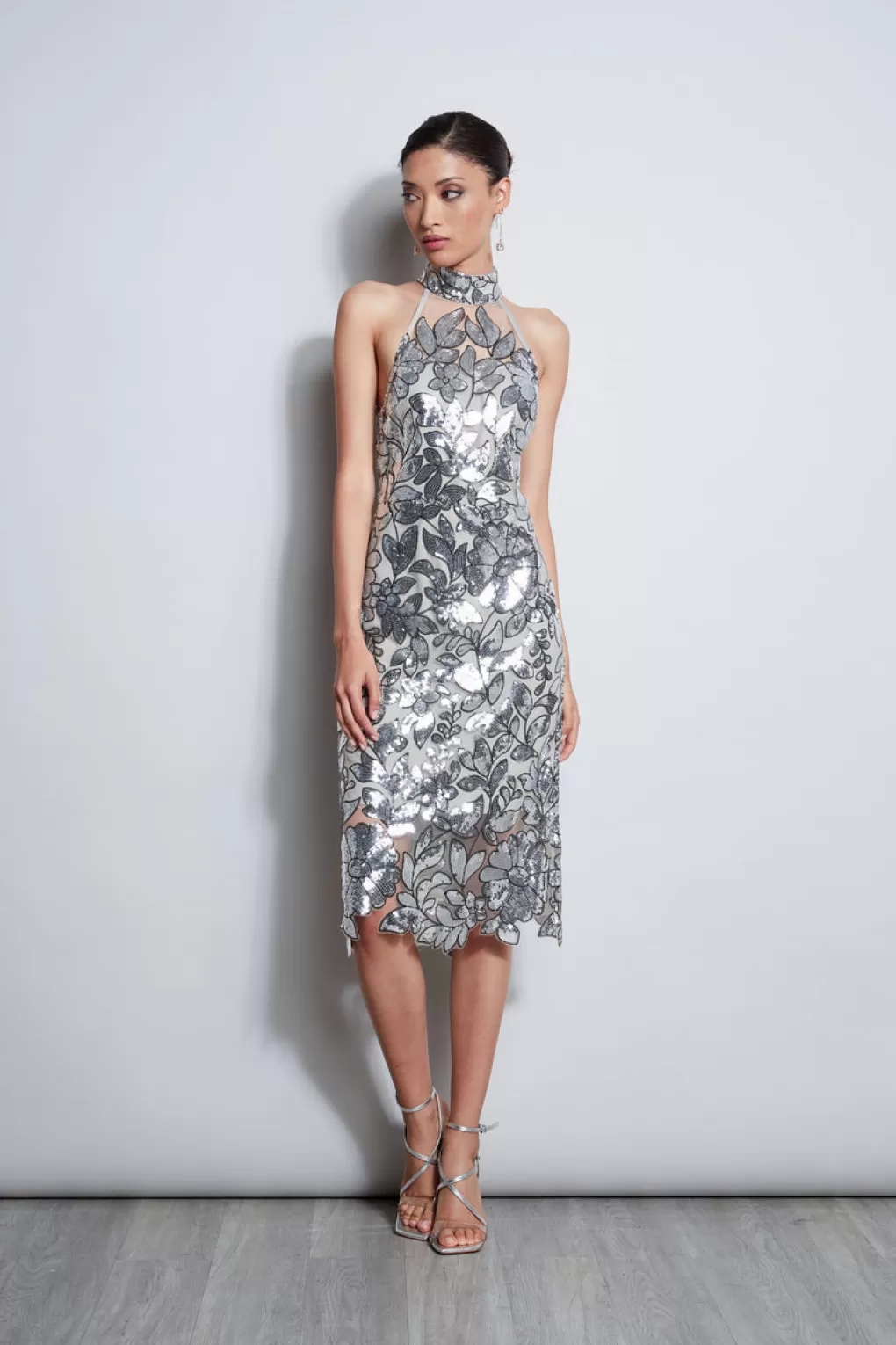 New Elie Tahari Sequin Floral Halter Dress SILVER MULTI