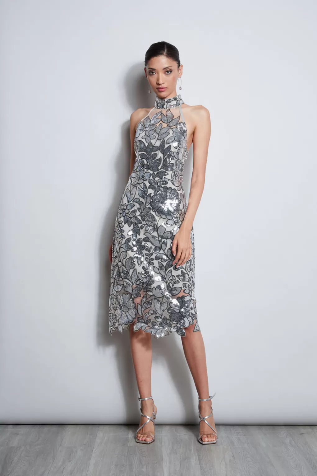 New Elie Tahari Sequin Floral Halter Dress SILVER MULTI