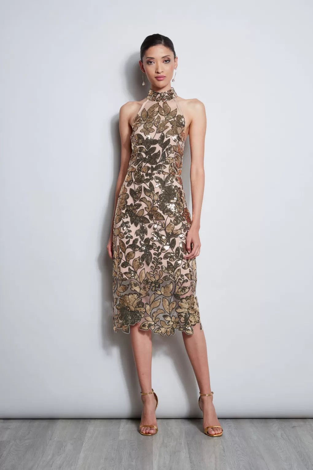 Online Elie Tahari Sequin Floral Halter Dress GOLD MULTI