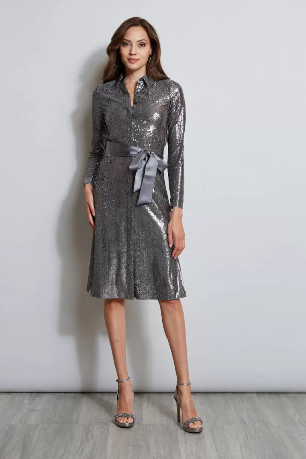 Shop Elie Tahari Sequin Shirt Dress GUNMETAL