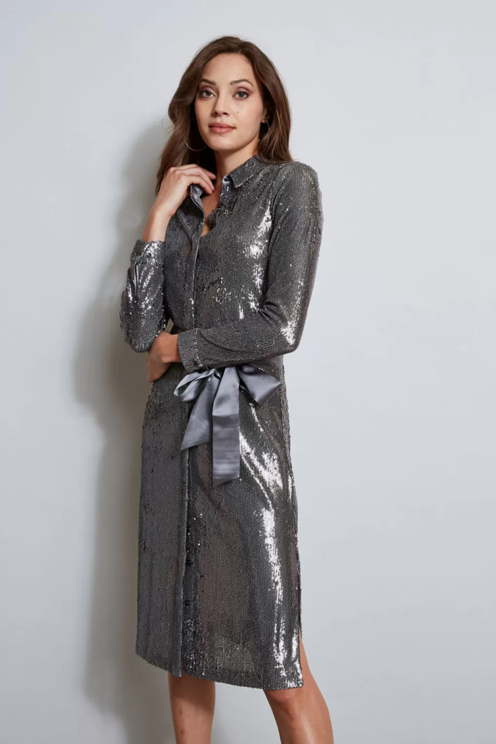 Shop Elie Tahari Sequin Shirt Dress GUNMETAL