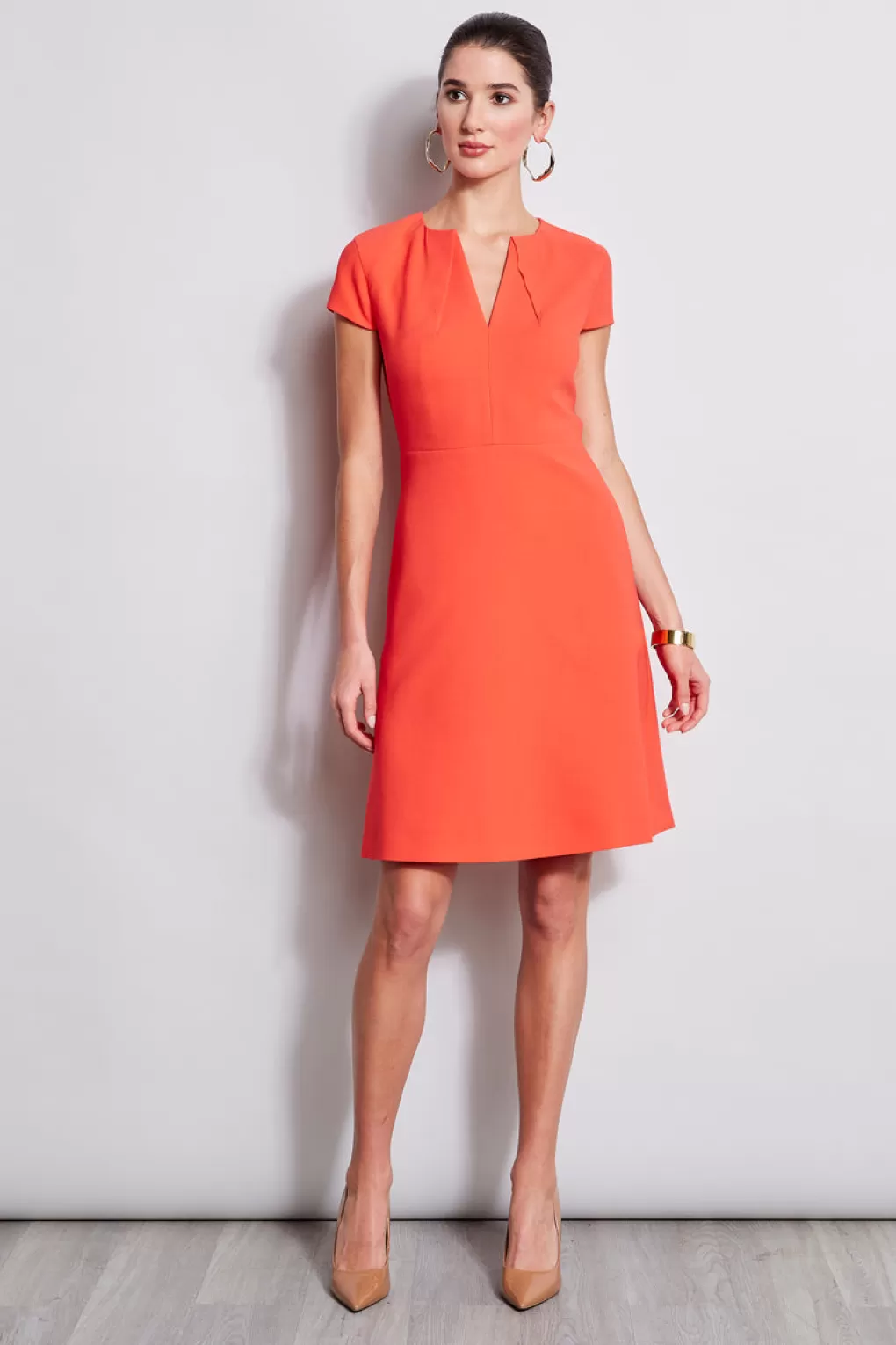 Clearance Elie Tahari Short Sleeve Dart Fit & Flare Dress TOMATO