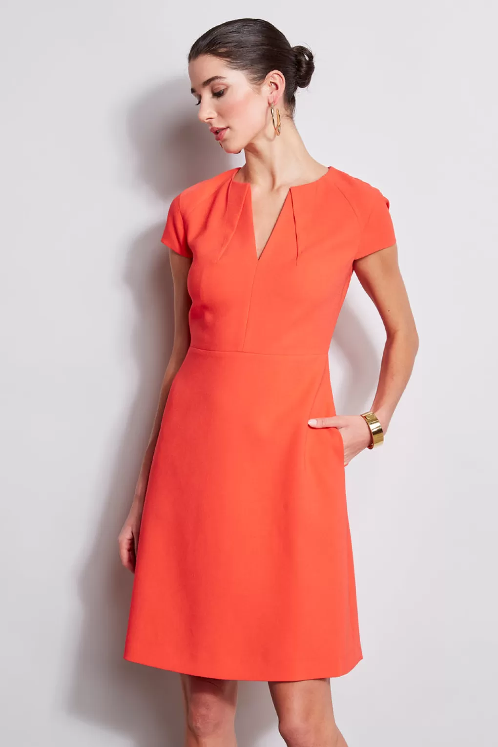 Clearance Elie Tahari Short Sleeve Dart Fit & Flare Dress TOMATO