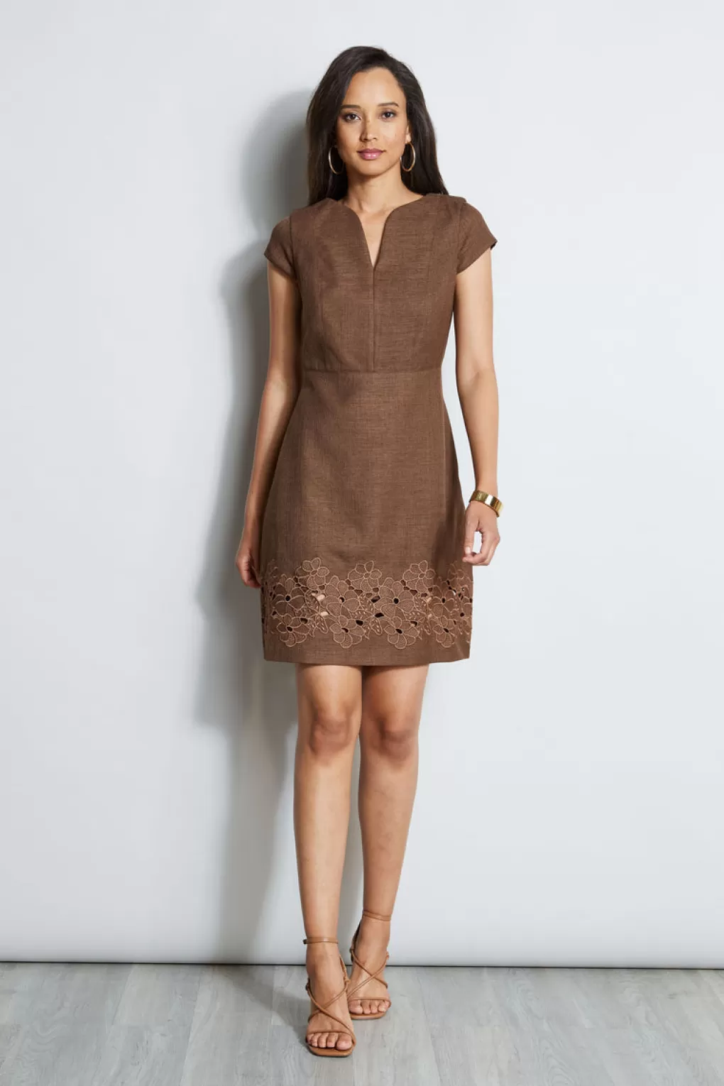 Sale Elie Tahari Short Sleeve Embroidered Hem Dress SUMATRA