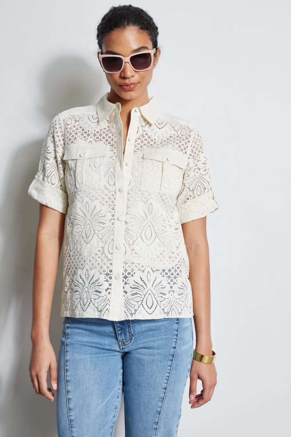 Clearance Elie Tahari Short Sleeve Lace Utility Shirt SAND