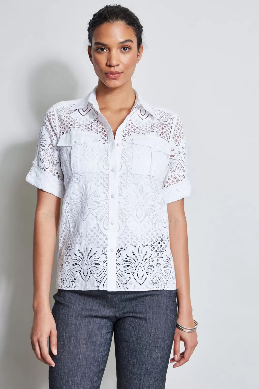 New Elie Tahari Short Sleeve Lace Utility Shirt WHITE