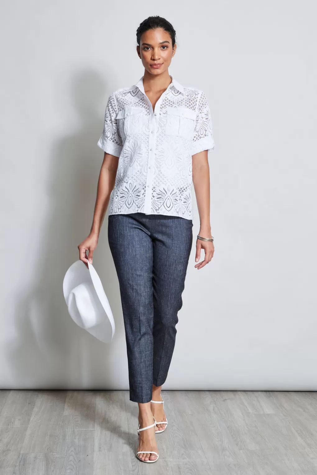 New Elie Tahari Short Sleeve Lace Utility Shirt WHITE