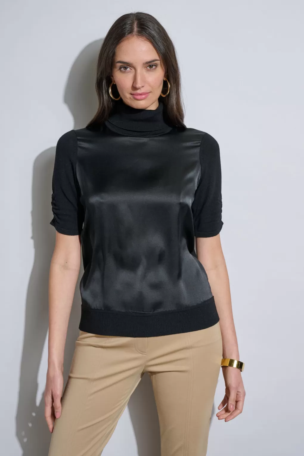 Clearance Elie Tahari Short Sleeve Satin Front Sweater BLACK