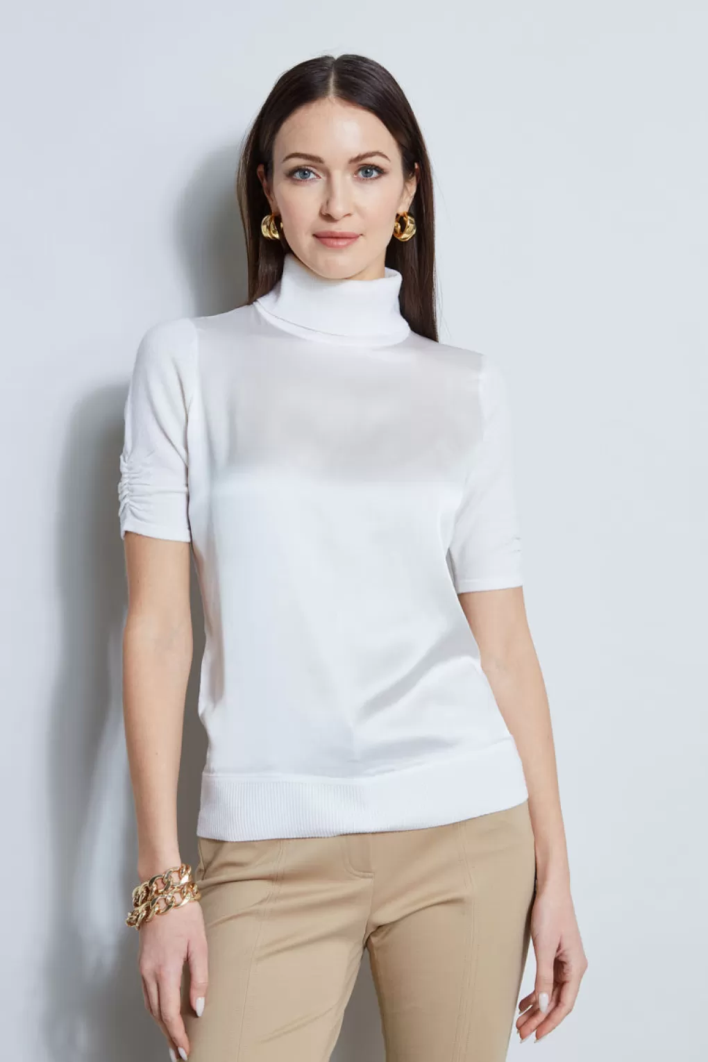 Shop Elie Tahari Short Sleeve Satin Front Sweater FRESH PEARL