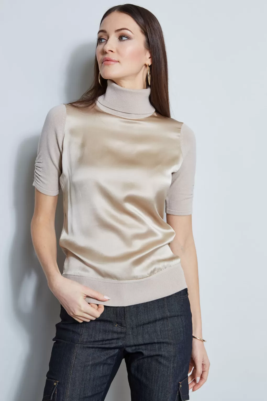 Clearance Elie Tahari Short Sleeve Satin Front Sweater DRIFTWOOD