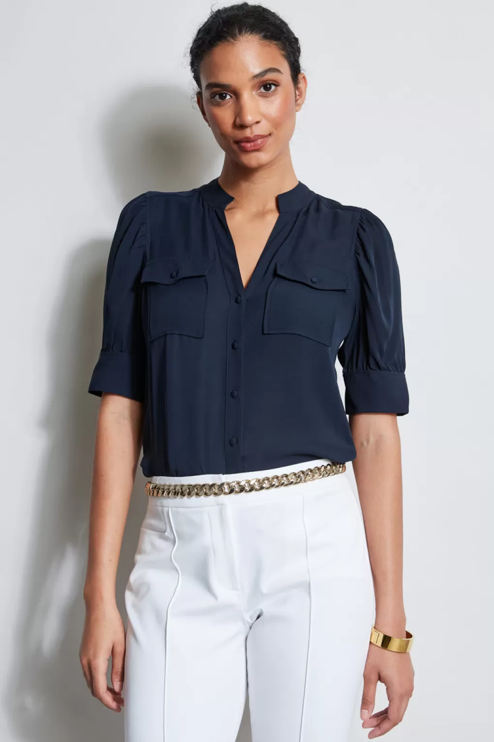 Clearance Elie Tahari Short Sleeve Silk Utility Shirt STARGAZER