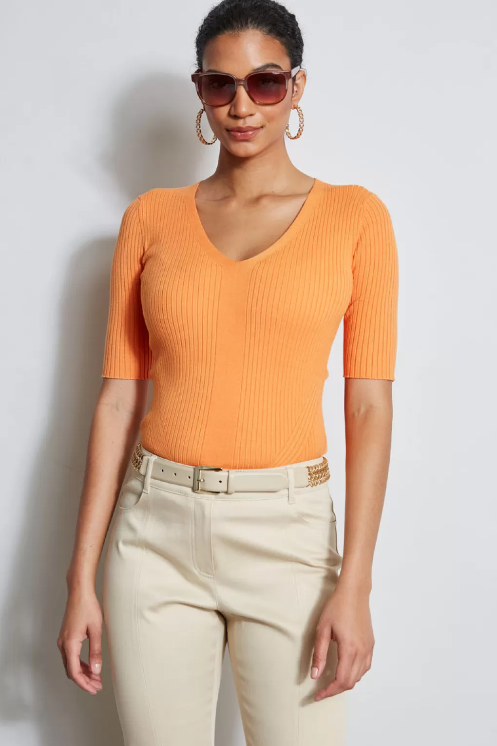 Cheap Elie Tahari Short Sleeve V-Neck Rib Sweater SUNRISE