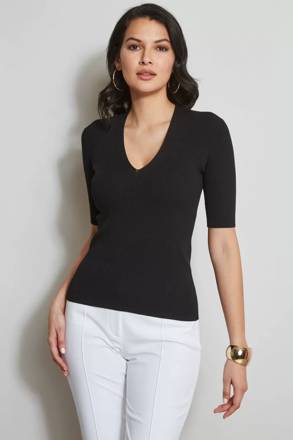 Best Sale Elie Tahari Short Sleeve V-Neck Rib Sweater NOIR