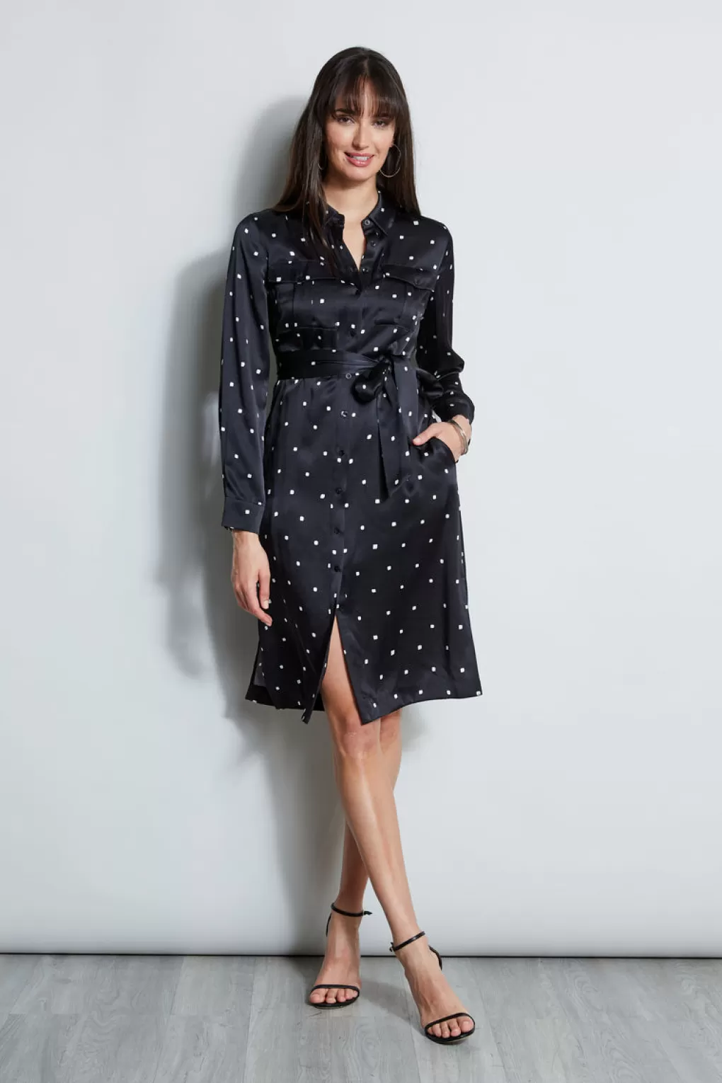 Sale Elie Tahari Silk Cube Dot Shirt Dress BLACK-FOAM