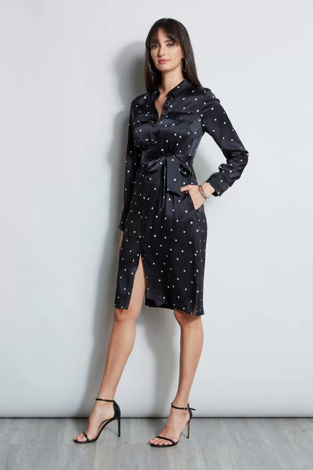 Sale Elie Tahari Silk Cube Dot Shirt Dress BLACK-FOAM