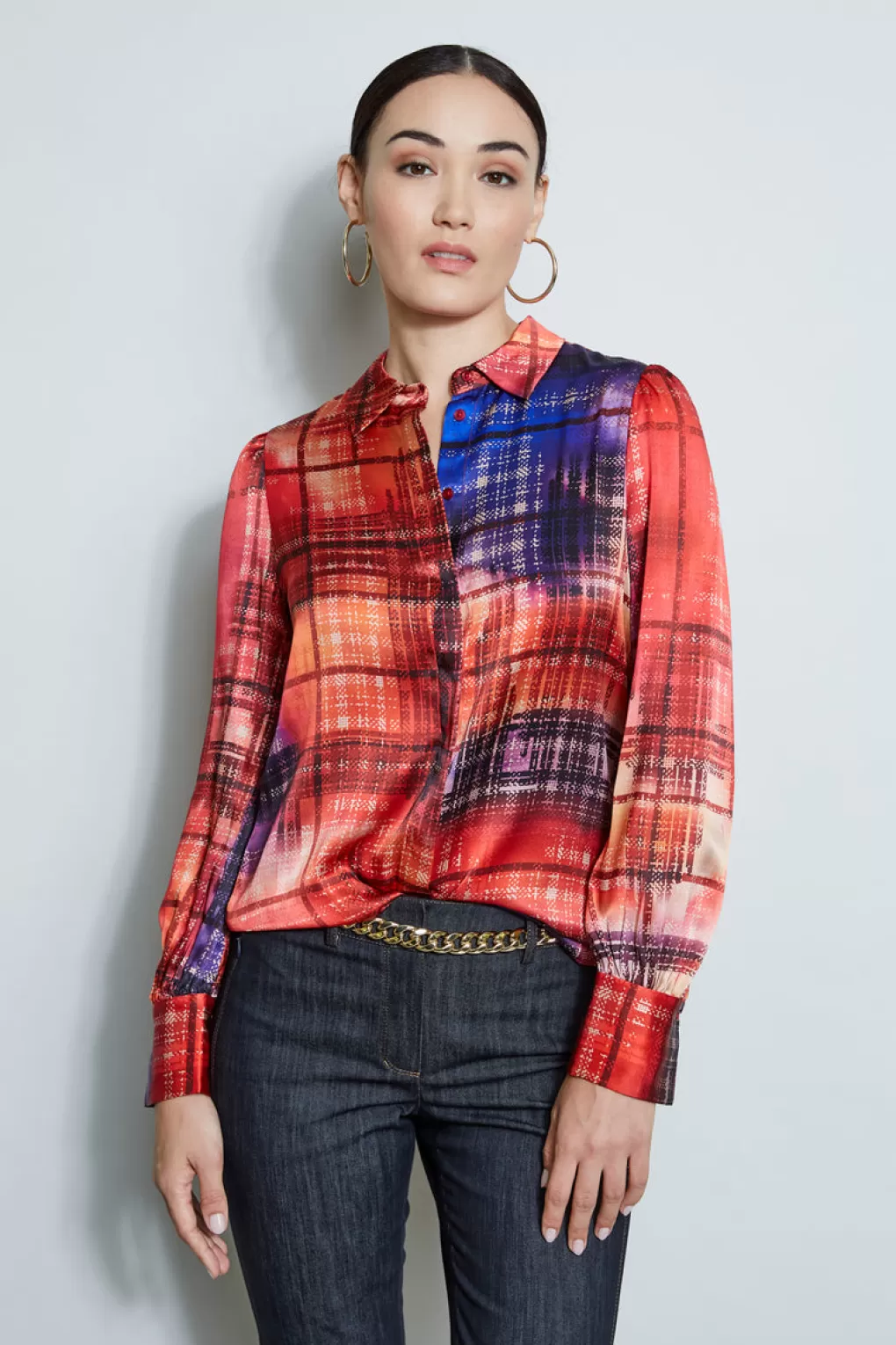 Discount Elie Tahari Silk Digital Plaid Shirt MULTI